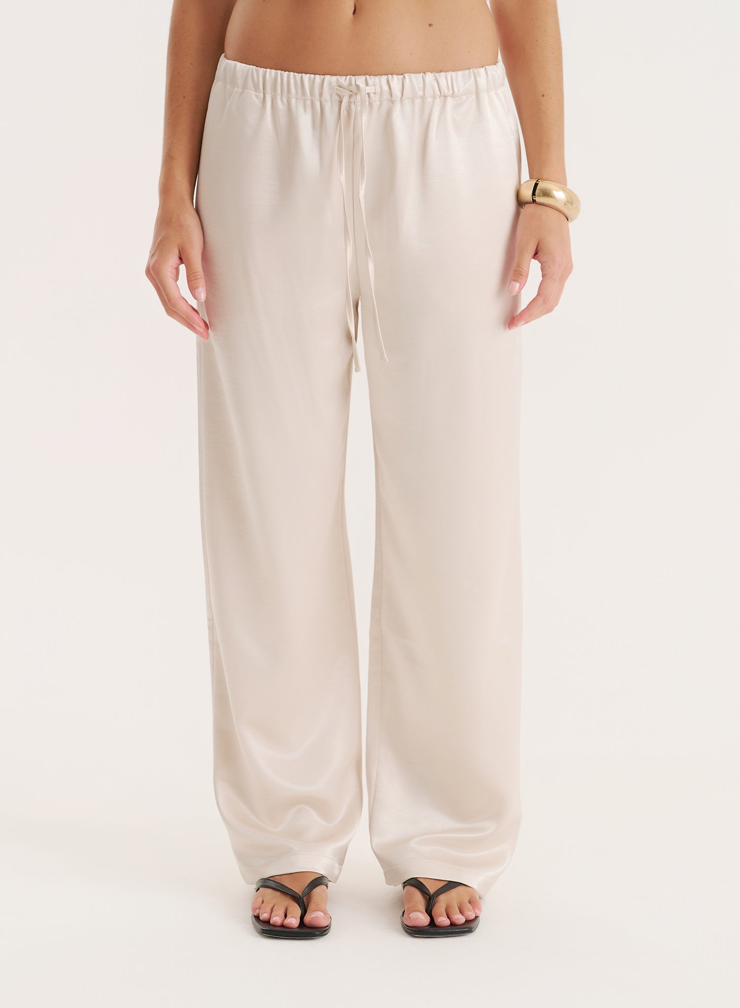 Cream Satin Elasticated Waist Wide Leg Trouser